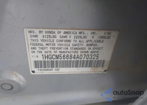 2004 Honda Accord 2.4 Ex из США, поврежденный, VIN 1HGCM56684A070325